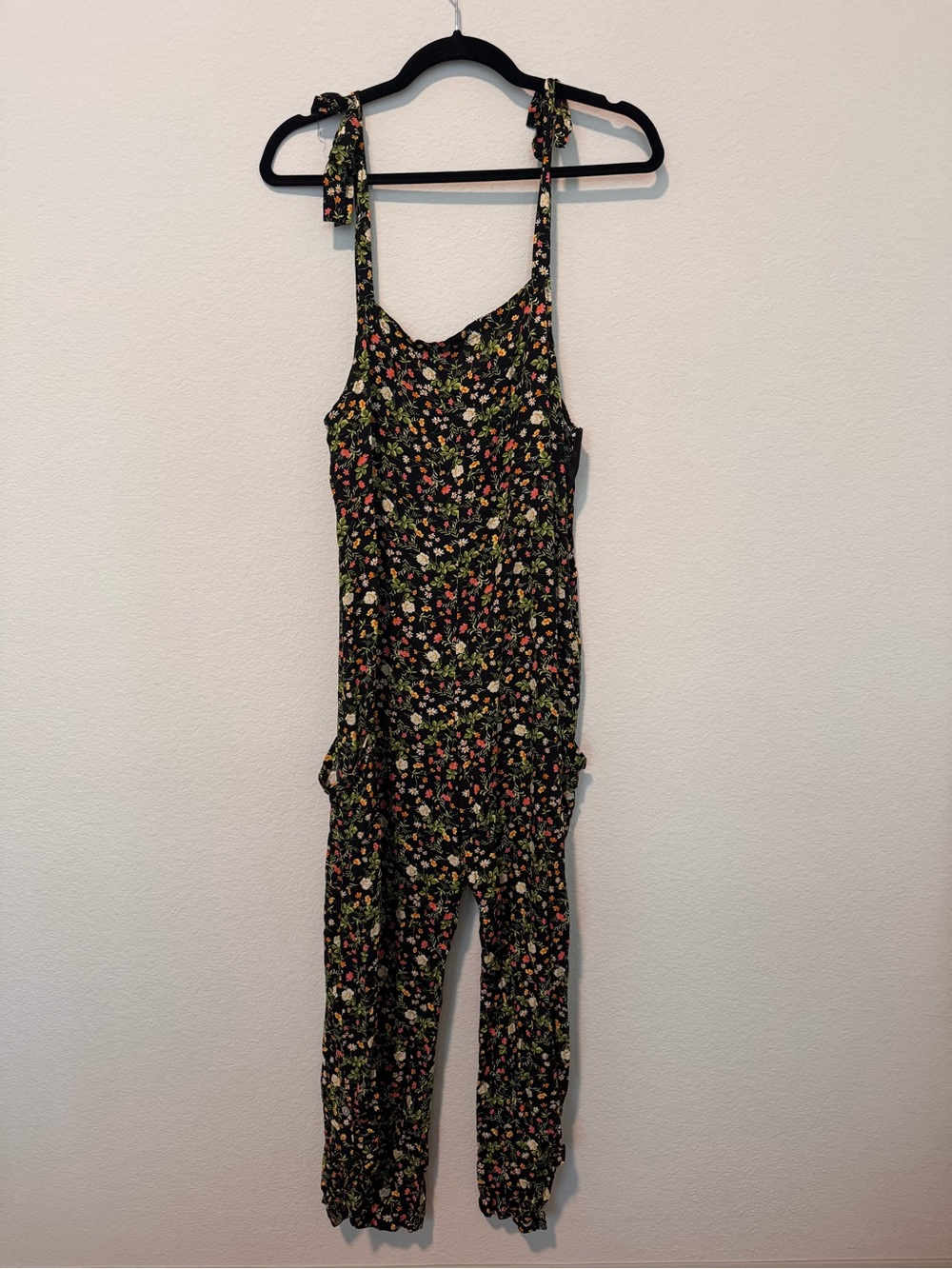 Black Floral One-Piece Jumpsuit with Tie Straps